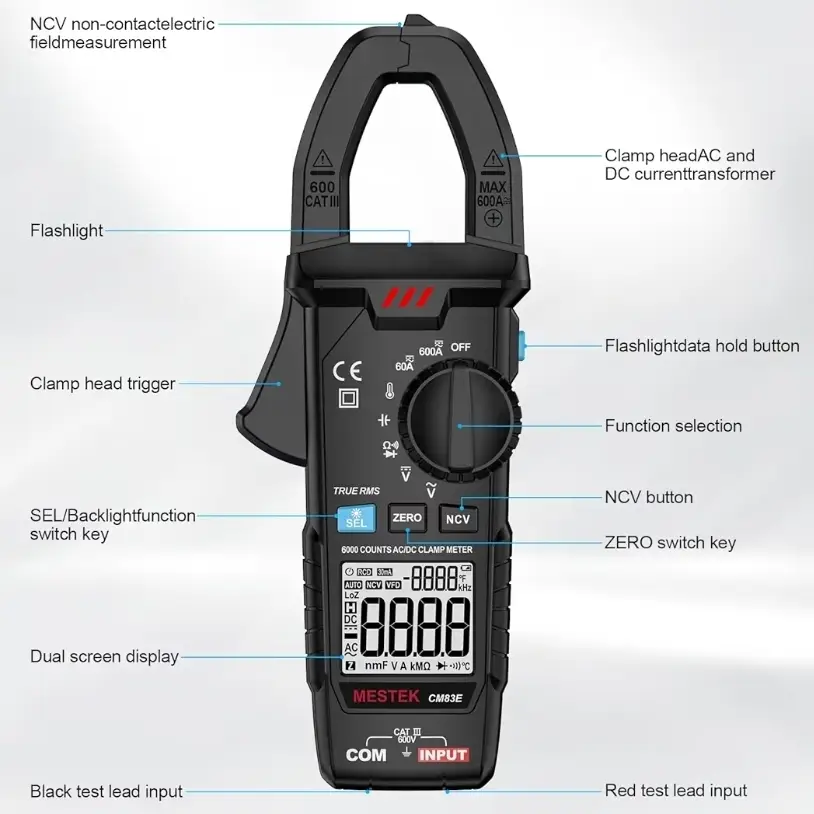 Mestek Digital Clamp Meter TRMS 6000 Cuentas - Pinza Amperimétrica AC/DC 600A para Electricistas's photo #3