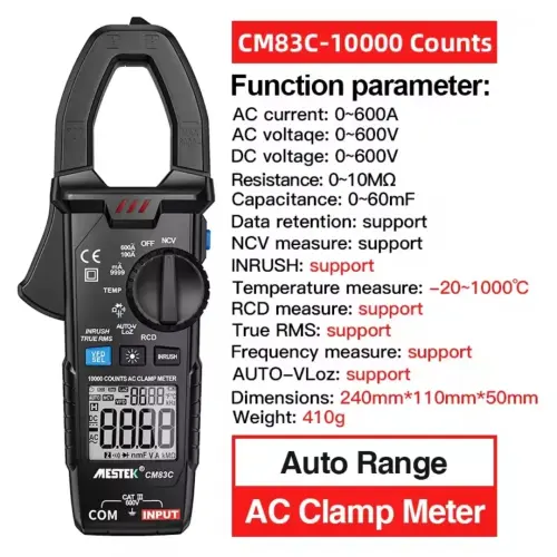 Mestek Digital Clamp Meter TRMS 6000 Cuentas - Pinza Amperimétrica AC/DC 600A para Electricistas's photo #4