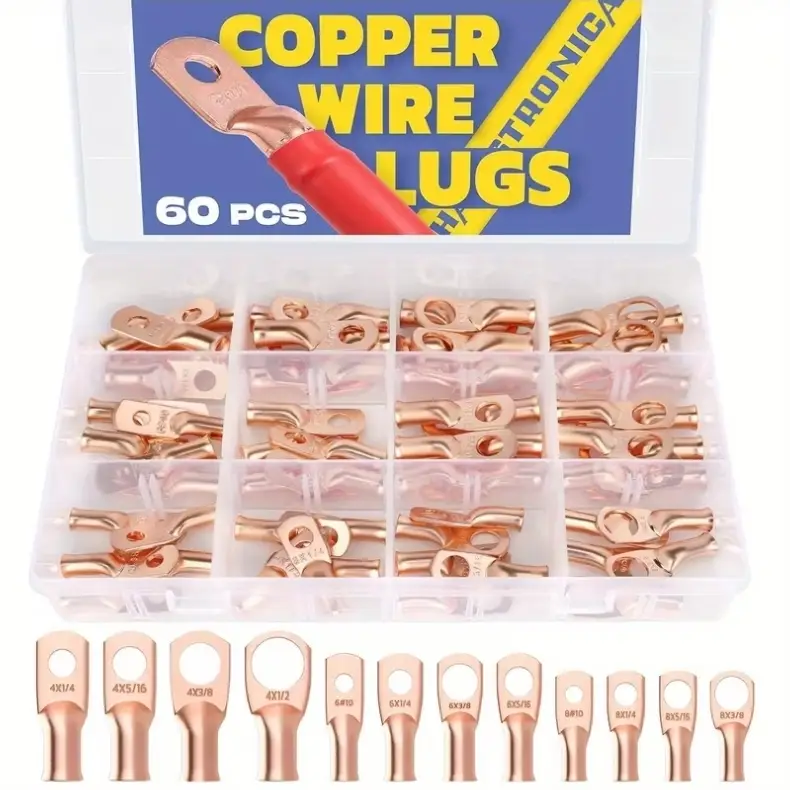 Kit 60pcs Terminales Cobre Desnudo AWG 8/6/4 + Anillo Tubular Ojal Alta Corriente Batería's photo #1