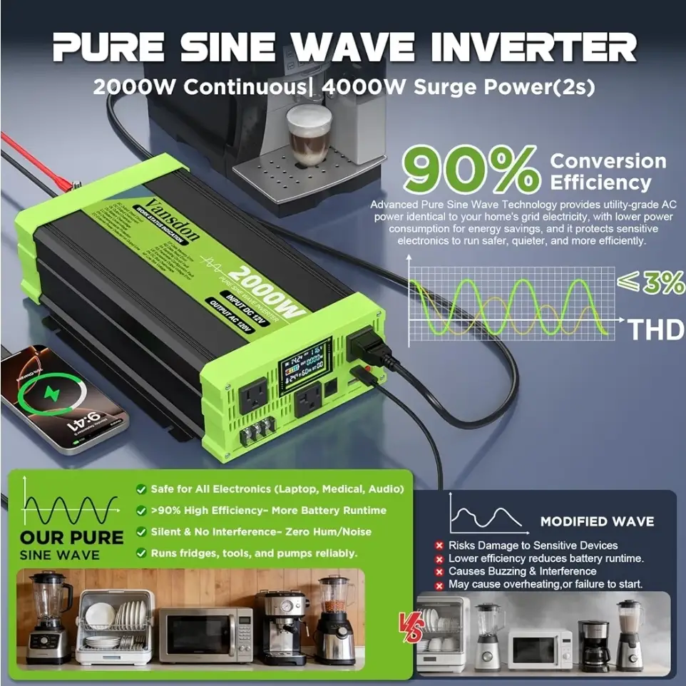 Inversor Onda Pura Profesional  Vansdon 2000W 12V DC a 120V AC + 4000W Pico + LCD Remoto 22.5ft + 3 Tomas AC + USB-C 30W's photo #4