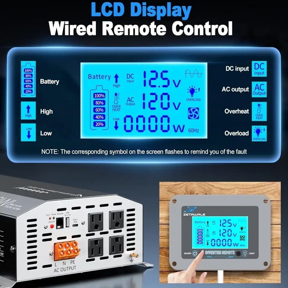 Inversor Onda Pura Profesional 2000W 12V DC a 110V/120V AC + 4000W Pico + LCD Remoto + 4 Tomas AC + USB-C's photo #4