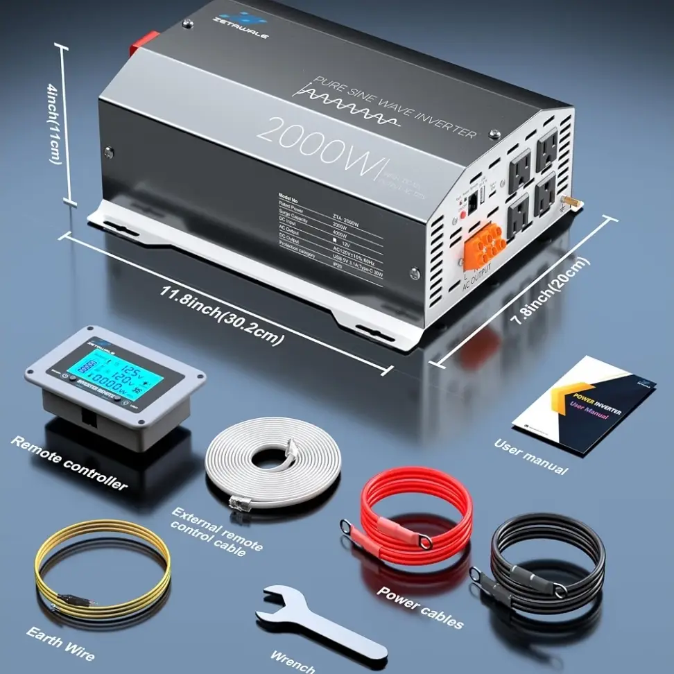 Inversor Onda Pura Profesional 2000W 12V DC a 110V/120V AC + 4000W Pico + LCD Remoto + 4 Tomas AC + USB-C's photo #1