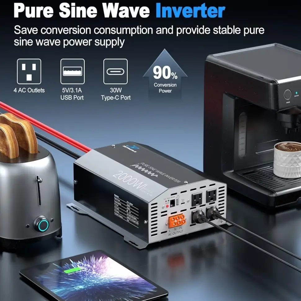 Inversor Onda Pura Profesional 2000W 12V DC a 110V/120V AC + 4000W Pico + LCD Remoto + 4 Tomas AC + USB-C's photo #3