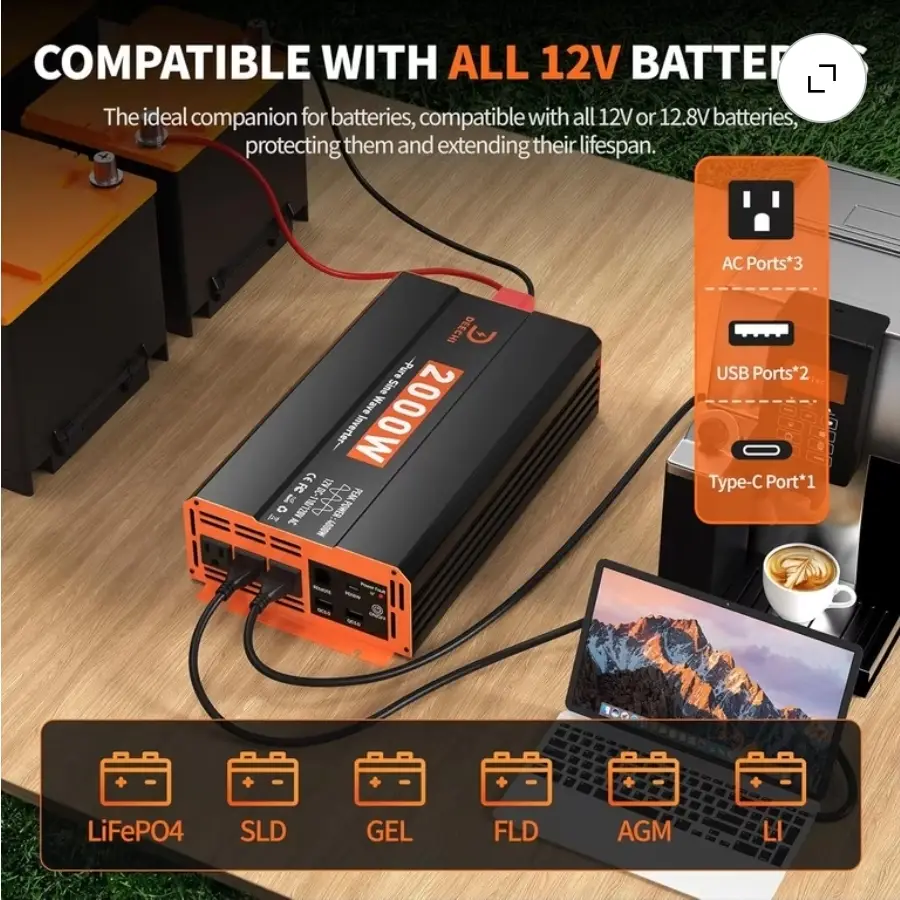 Inversor Onda Senoidal Pura 4000W Pico / 2000W Continuo DC a 110V/ 120V AC para RV/Truck/Casa/Solar Off-Grid con 3 AC + 2 USB + Type-C 18W + Control Remoto 16.5ft's photo #2