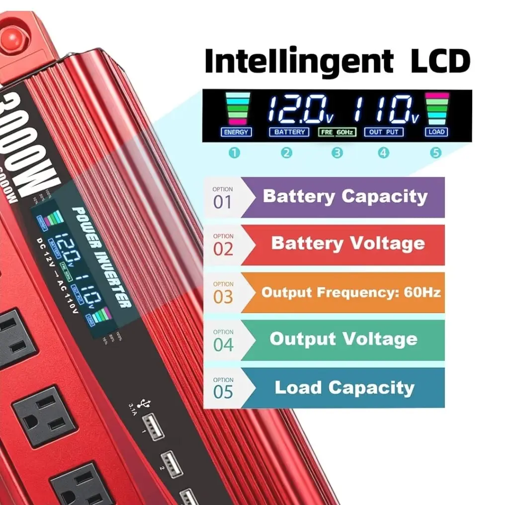 Inversor Potencia 3000W (6000w ) pico 12V a 110V/120V DC a AC LCD Control Remoto 4 AC + 4 USB 3.1A Auto Camión Bote RV Solar's photo #1