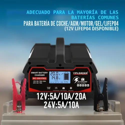 Cargador Batería Auto Yinleader 20A 12V/24V 10A LiFePO4 Inteligente LCD Negro - E1066 — imagen 1