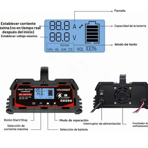 Cargador Batería Auto Yinleader 20A 12V/24V 10A LiFePO4 Inteligente LCD Negro - E1066 — imagen 3
