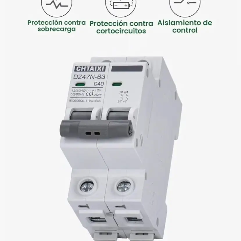 Interruptor Termomagnético MCB 40A 2 Polos AC Riel DIN Solar - E1031 — imagen 3