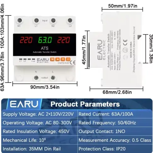 Protector ATS Doble Potencia EARU 63A Over Under Voltaje Corriente Auto Transfer Switch M1060 — imagen 1