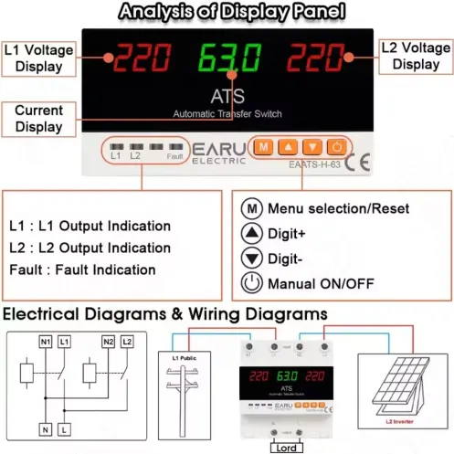 Protector ATS Doble Potencia EARU 63A Over Under Voltaje Corriente Auto Transfer Switch M1060 — imagen 3