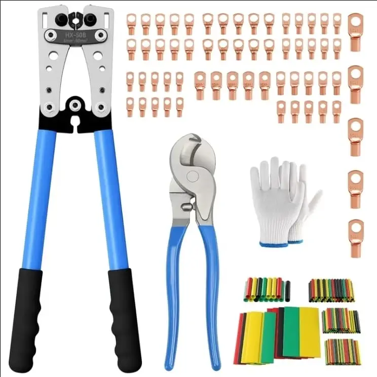 Kit Crimpeadora Batería AWG 8-1/0 Heavy Duty 60 Terminales + Termo + Guantes M1065 — imagen 1