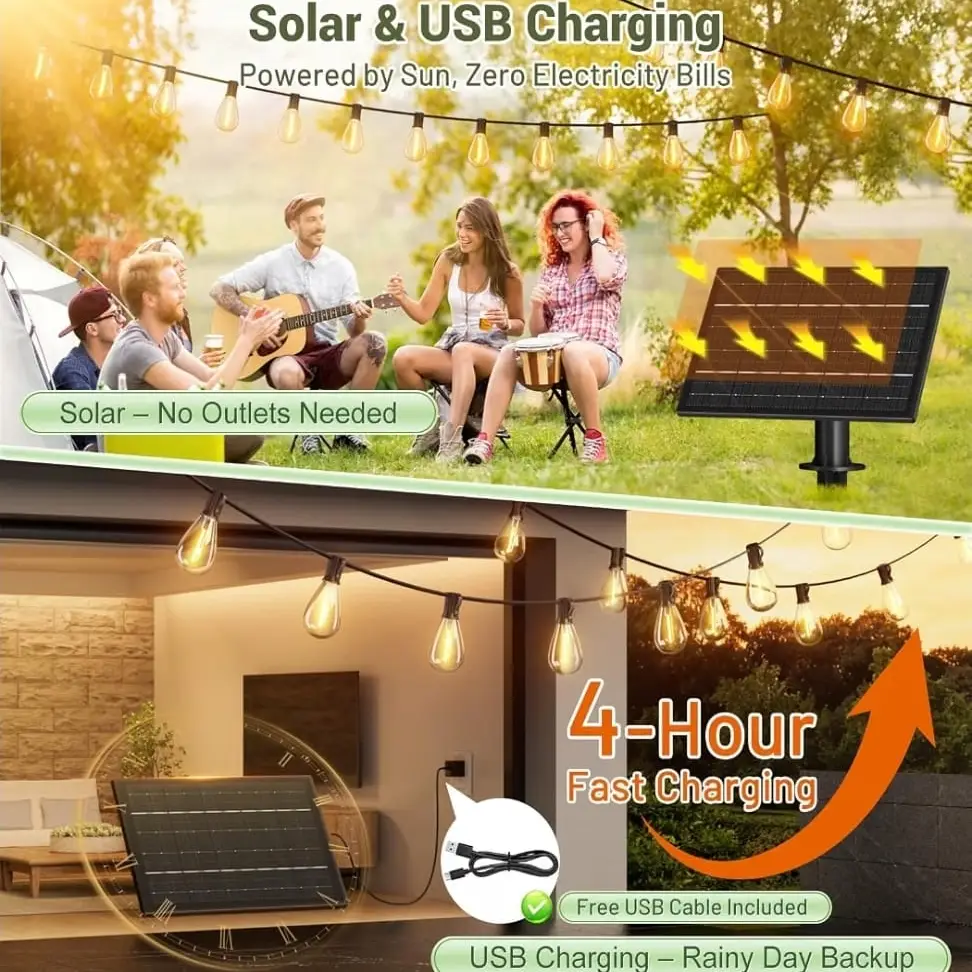Tiras luces solares exterior 30m (100 pies)36 bombillas led USB remoto -E1048 — imagen 2