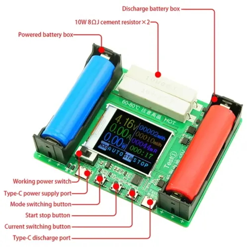 Tester Módulo probador de capacidad de batería tipo C, 2 puertos, 18650 MAh, MWh, pantalla Digital, medición de batería de litio, Detector de potencia  M0694 — imagen 3