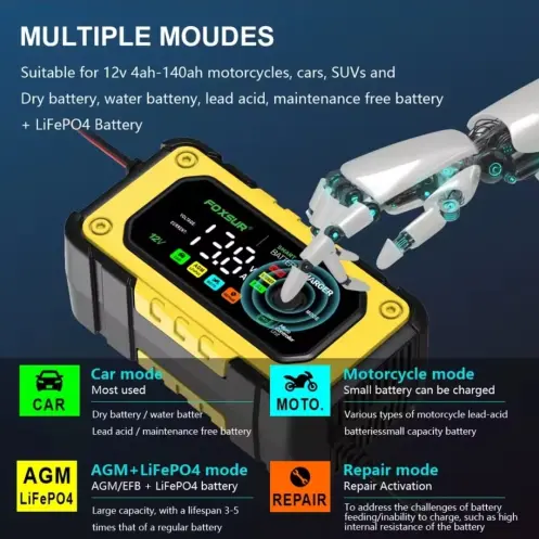 ⚡ Foxsur Cargador Inteligente de Baterías 12V 7A  Protecc Tecnología Compatible con Baterías de Plomo-Ácido, GEL, AGM, Calcio y LiFePO4's photo #2