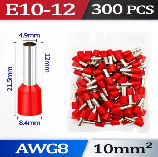 300PCS Terminal Tubular E10-12 Aislado AWG8 10mm² - Ferrule Pin 12mm Largo's foto | ELECTRONIKA MARTINEZ |  BizneCubano