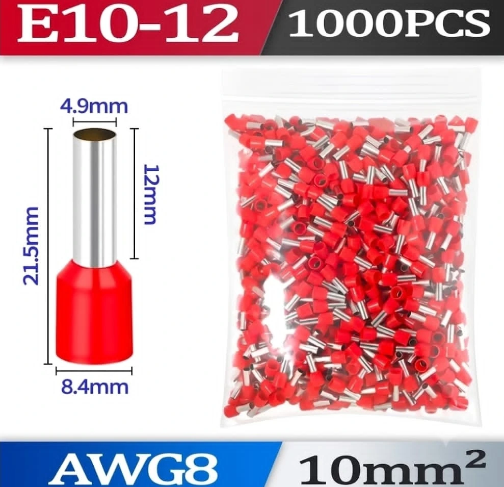1000PCS Terminal Tubular E10-12 Aislado AWG8 10mm² - Ferrule Pin 12mm's foto | ELECTRONIKA MARTINEZ |  BizneCubano