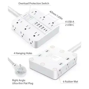🔌 Regleta Multicontacto con Protector de Sobrecarga y Cable de 6 Metros – 12 Tomas + 6 Puertos USB (2 USB-C) miniatura 2