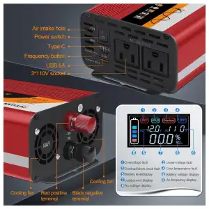 Inversor Onda Pura 3000w Pico (1500W continuo) BrandX XU YUAN RED-1500W 12V/24V Auto-Detect + USB-C Fast Charge + LCD Color miniatura 5