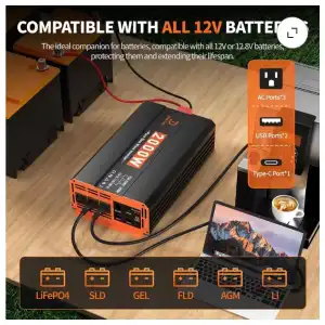 Inversor Onda Senoidal Pura 4000W Pico / 2000W Continuo DC a 110V/ 120V AC para RV/Truck/Casa/Solar Off-Grid con 3 AC + 2 USB + Type-C 18W + Control Remoto 16.5ft miniatura 3