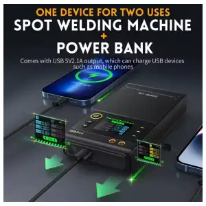 Soldadora de Puntos Portátil FNIRSI SWM-10 1200A para Baterías 18650 con Batería 5000mAh y Power Bank miniatura 1