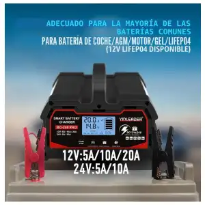 Cargador Batería Auto Yinleader 20A 12V/24V 10A LiFePO4 Inteligente LCD Negro - E1066 miniatura 1