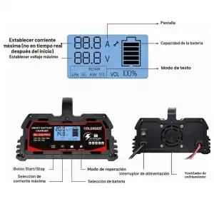 Cargador Batería Auto Yinleader 20A 12V/24V 10A LiFePO4 Inteligente LCD Negro - E1066 miniatura 3