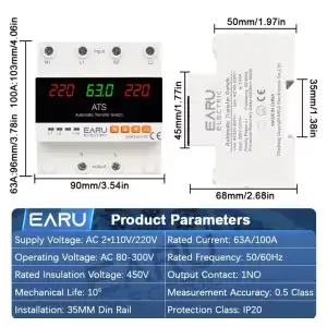 Protector ATS Doble Potencia EARU 63A Over Under Voltaje Corriente Auto Transfer Switch M1060 miniatura 1
